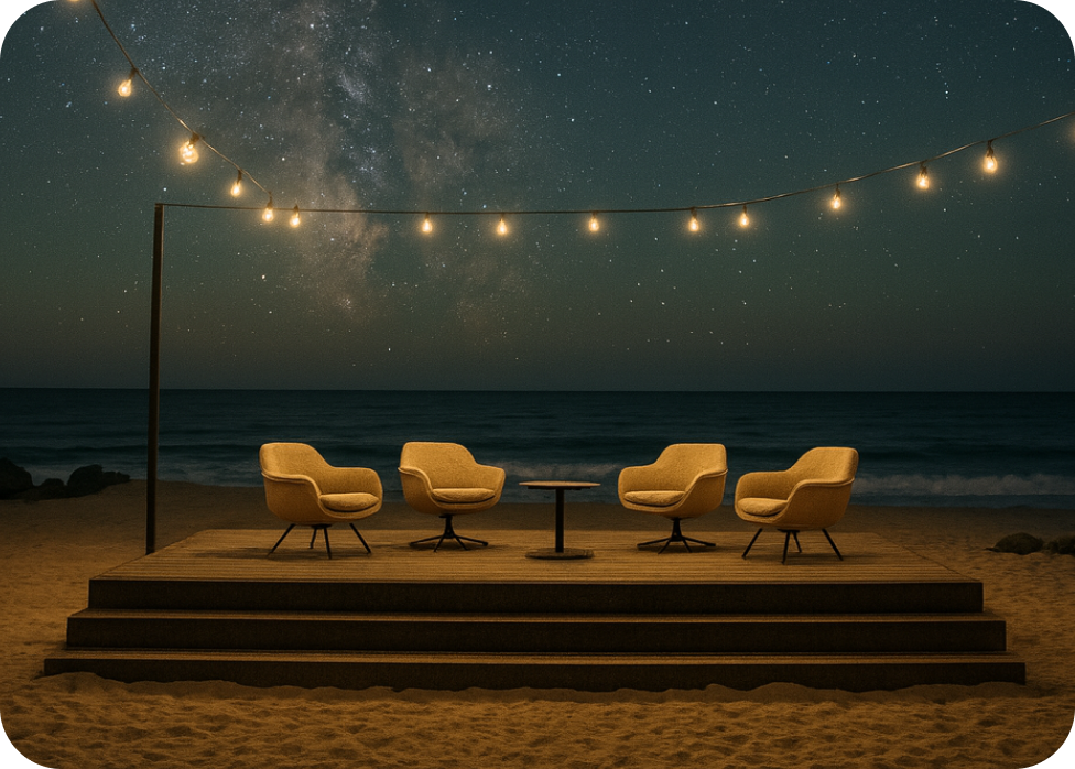 A calm beachside setting at night with string lights, chairs, and tables, symbolizing a coastal summit.